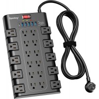 SUPERDANNY - Protector de corriente con 22 salidas de CA y 6 puertos de carga USB, 1875 W/15 A, cable 6.5 pies para el hogar, oficina, dormitorio, sala de juegos, color negro