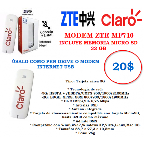 Bam Usb 3Gmax Zte Mf710 Liberado (Movilnet, Movistar, Digitel) Memoria Micro Sd 32 Gb