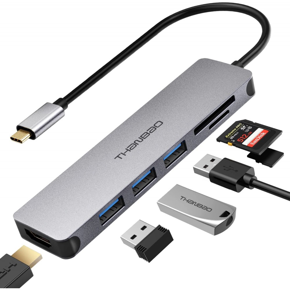 Adaptador multipuerto USB C Hub - Dongle de aluminio portátil 7 en 1 con  salida HDMI 4K