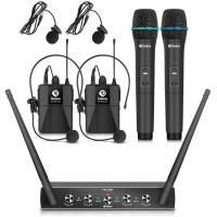 Debra Audio Pro UHF - Sistema de micrófono inalámbrico de 4 canales con micrófonos inalámbricos de mano Lavalier.
