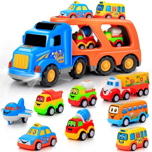 9 juguetes de coches para niños pequeños de 2, 3, 4, 5 años, camión de transporte grande con 8 carros pequeños de dibujos animados