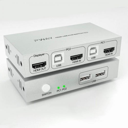 AAO 2 puertos HDMI KVM Switch 2x1, UHD 4 K  30 Hz, alimentado por USB,  plateado, con 2 cables HDMI y USB