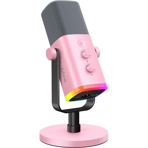 FIFINE Micrófono Dinámico USB/XLR RGB para Gaming y Streaming (Rosado)